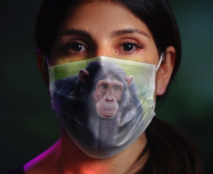 Woman with surgical mask that has the image of a chimpanzee on it